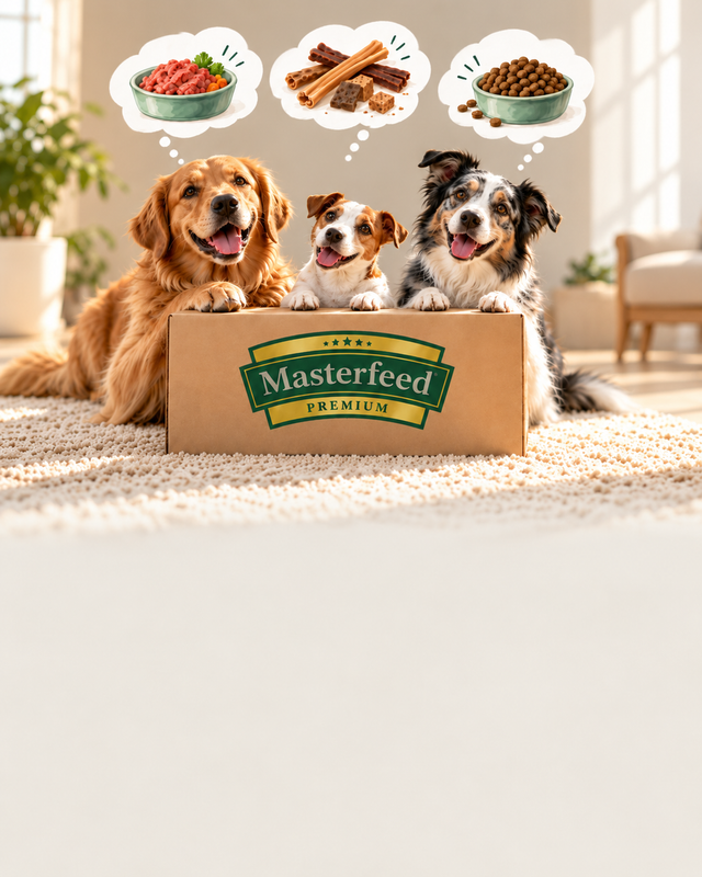 Drei Hunde am Masterfeed-Paket denken an Futter und Snacks
